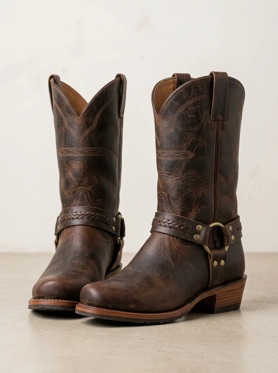 Men's Western Cowboy Braided Harness Distressed Leather Boots