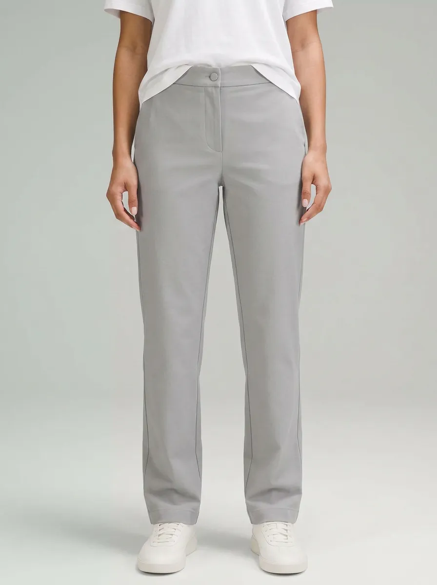 Women's Casual Minimalist Solid Grey Mid-Rise Straight Leg Pants
