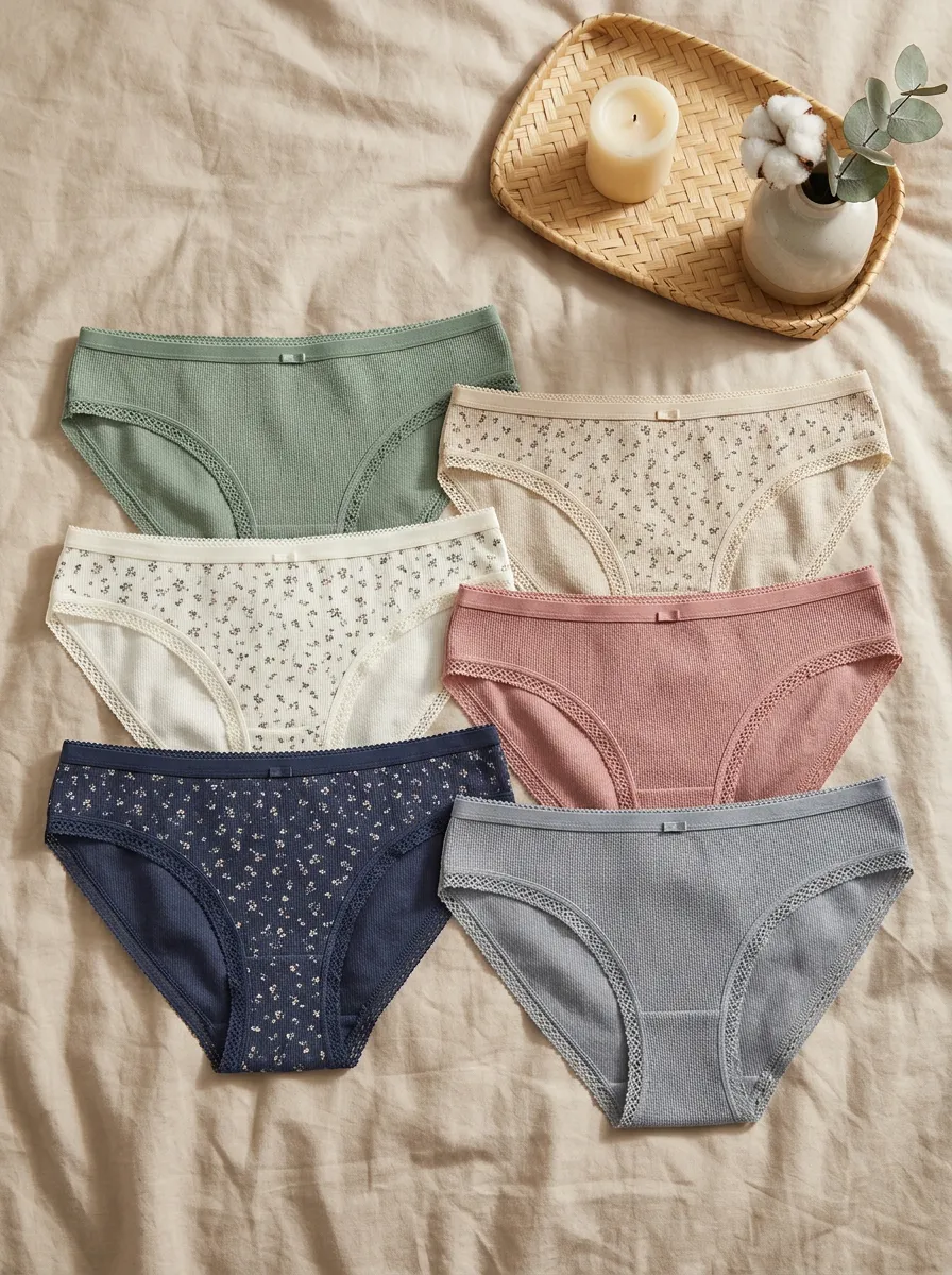Women's Floral Ribbed Cotton Lace Trim Printed Panties Set