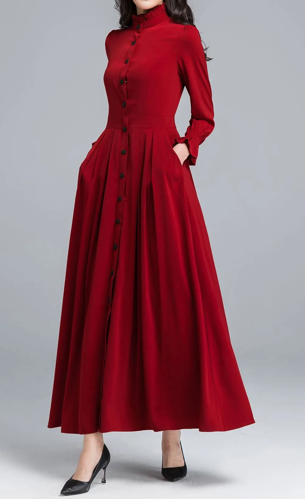 Polyester Fit And Flare A Line Long Sleeve Maxi Dress