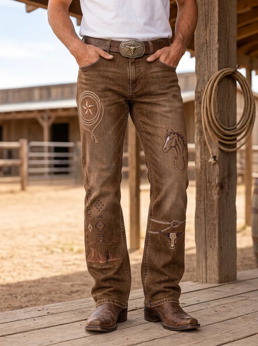 Men's Classic Western Cowboy Horse Lasso Skull Jeans