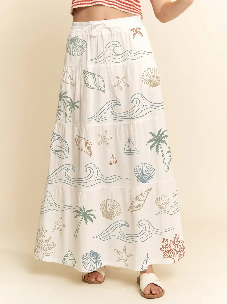 Women's Coastal Ocean Shell Palm Tree Graphic Maxi Skirt