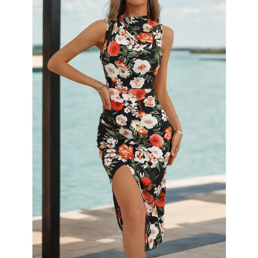 Slit Printed Sleeveless Midi Dress