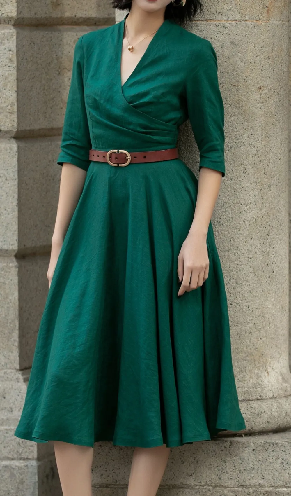 Linen A Line V Neck Three Quarter Sleeve Midi Dress