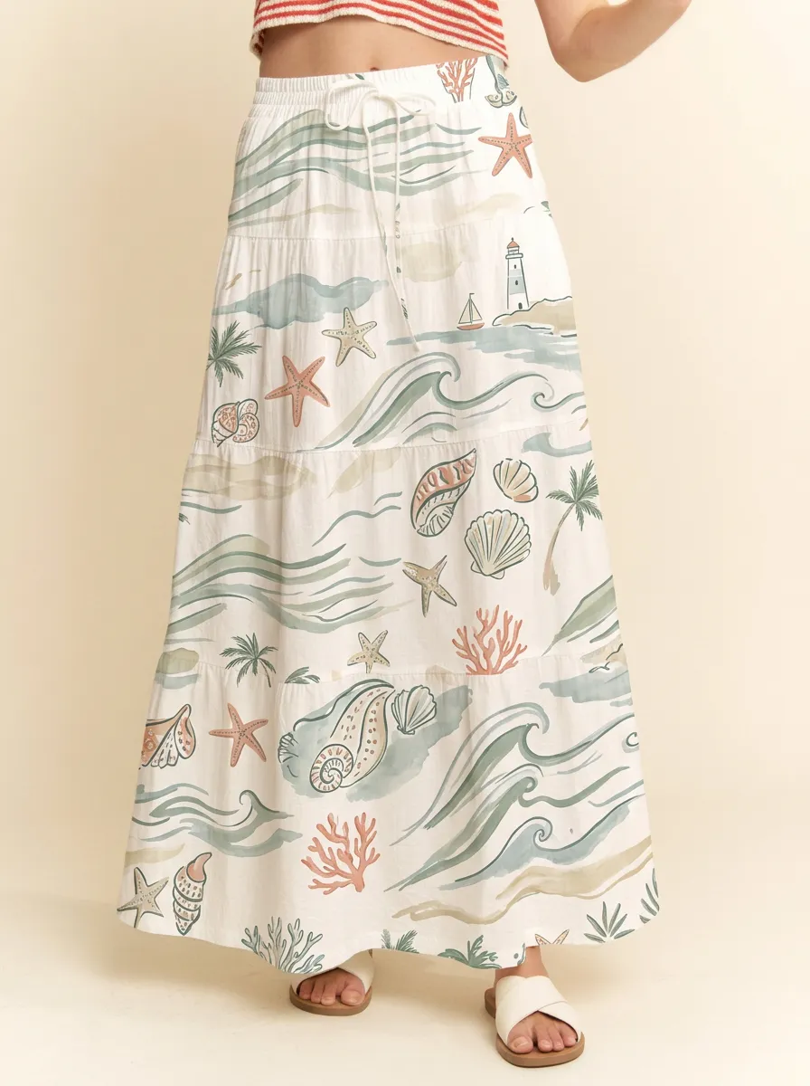 Women's Coastal Nautical Seashell Starfish Graphic Maxi Skirt