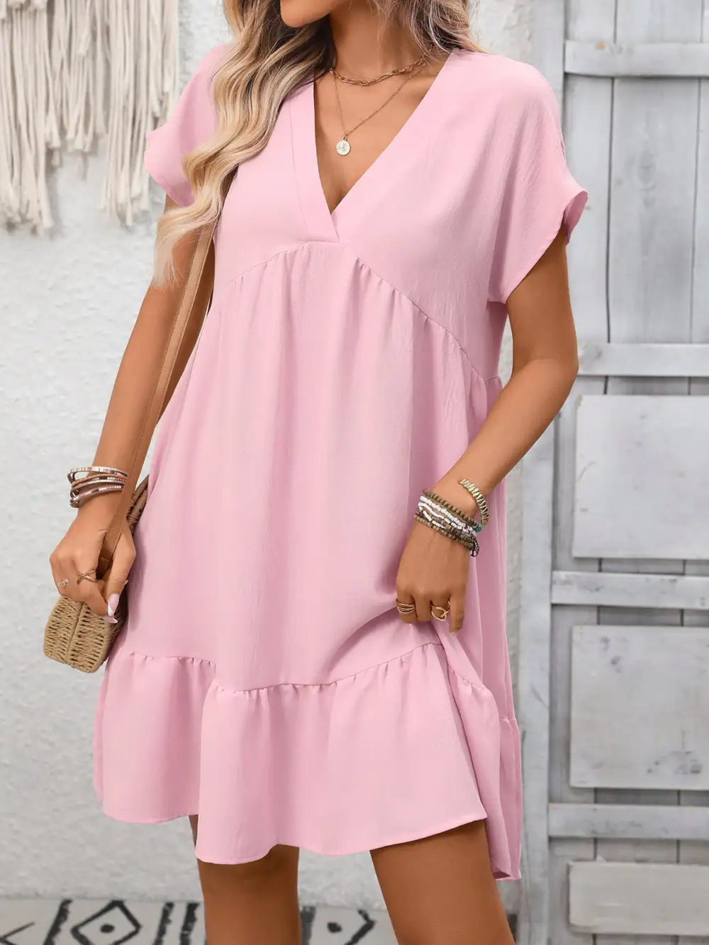 Elegant V Neck Ruffle Mini Dress