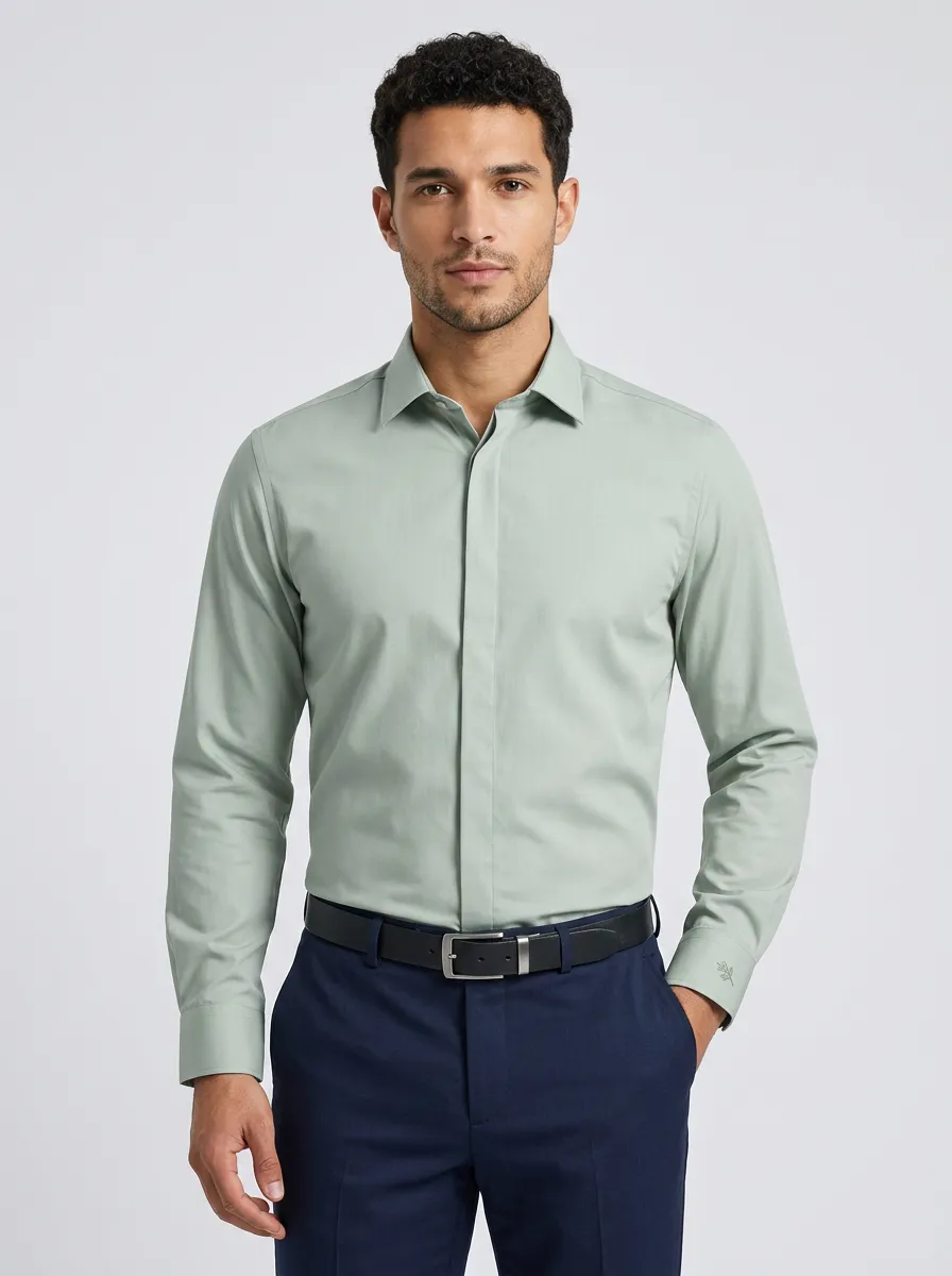 Men's Non-Iron Cotton Solid Sage Green Long Sleeve Dress Shirt