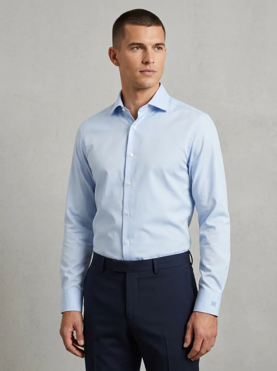 Men's Non-Iron Cotton Light Blue Embroidered Cuff Dress Shirt