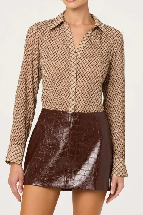 Women's Beige Diamond Print Long Sleeve Top