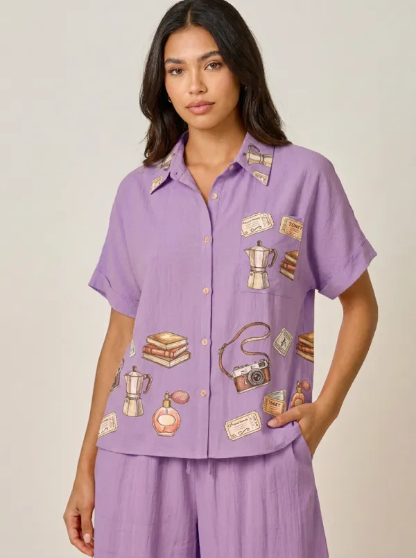 Women's Travel Hobbyist Camera Coffee Book Printed Shirt