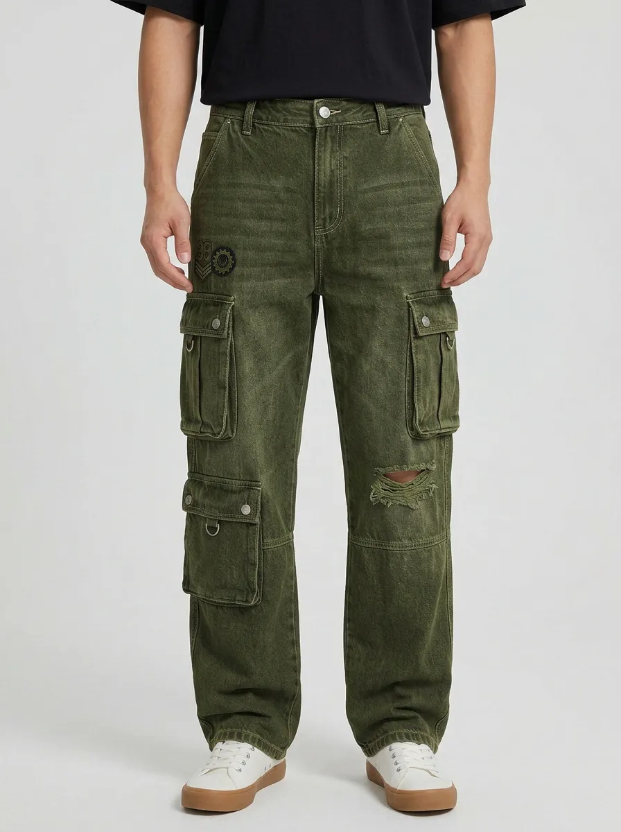 Men's Military Badge Distressed Washed Denim Cargo Jeans