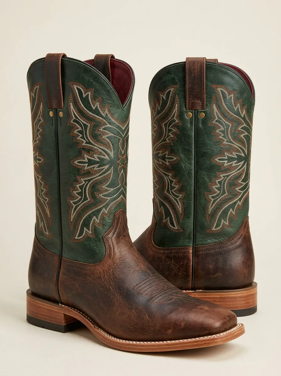 Men's Western Cowboy Green Embroidered Leather Printed Boots