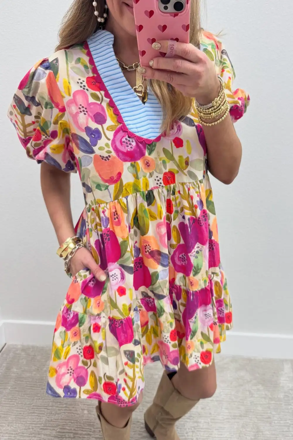 Structured Shape Floral Striped V Neck Dress
