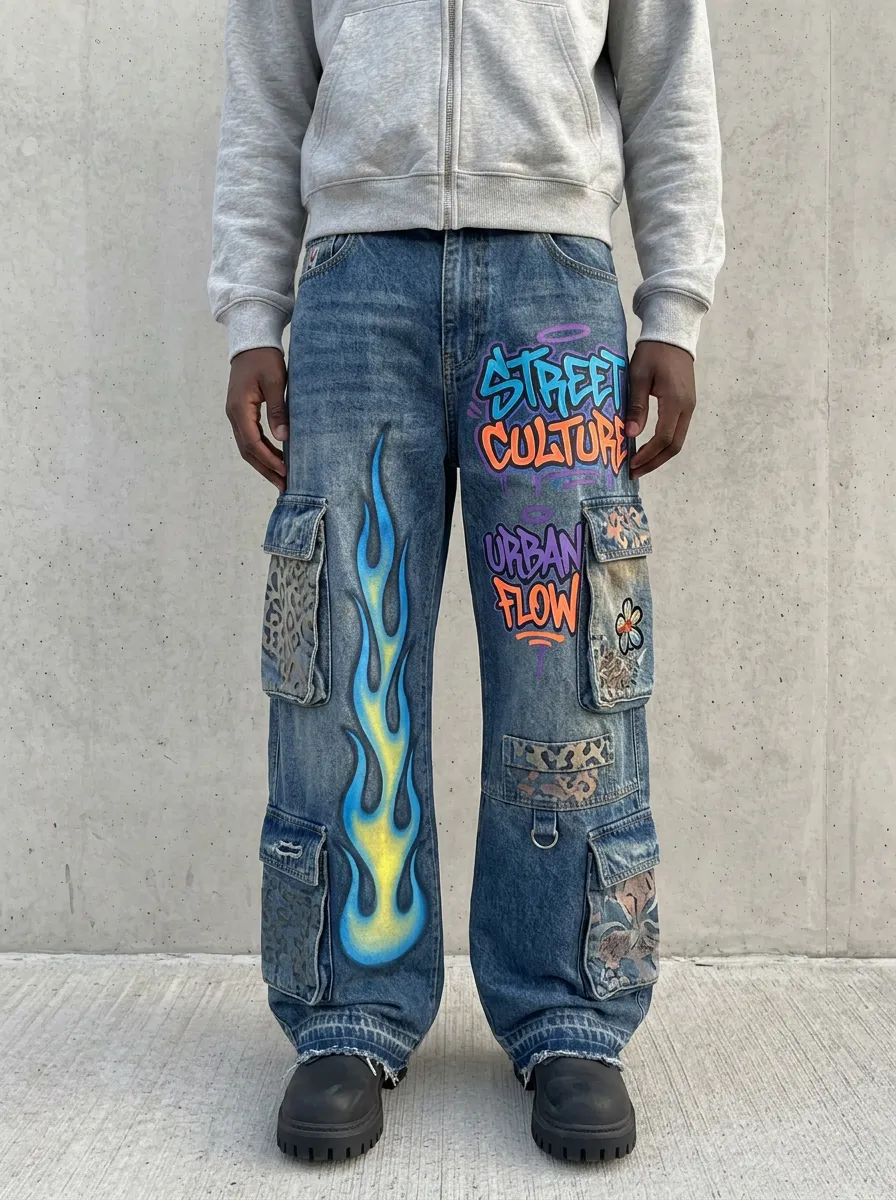 Men's Graffiti Flame Graphic Cargo Jeans