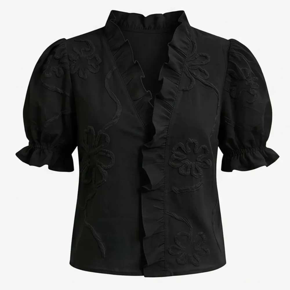 Ruffled V Neck Puff Sleeve Blouse