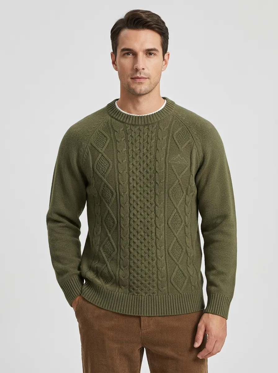 Men's Olive Green Crewneck Cable Knit Sweater