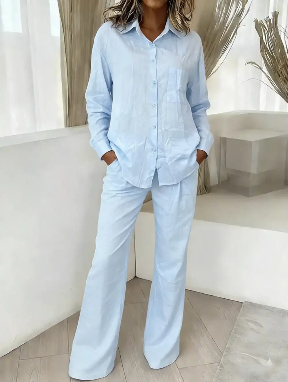 Shirt and Loose Wide-Leg Pants Suit