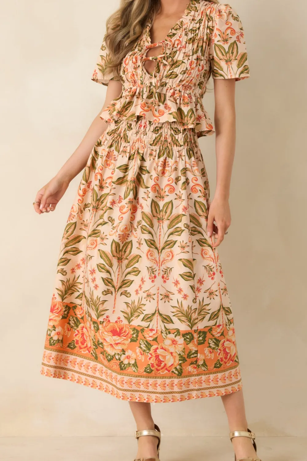 Peach Meadow Floral Cotton Midi Skirt