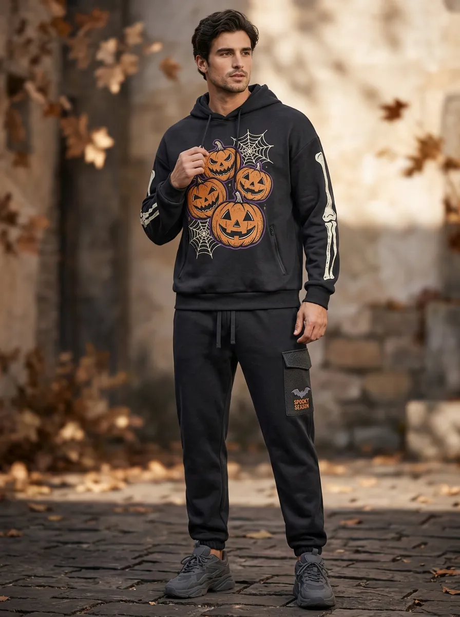 Men's Halloween Black Pumpkin Skeleton Spiderweb-Sleeve Hoodie Jogger Set