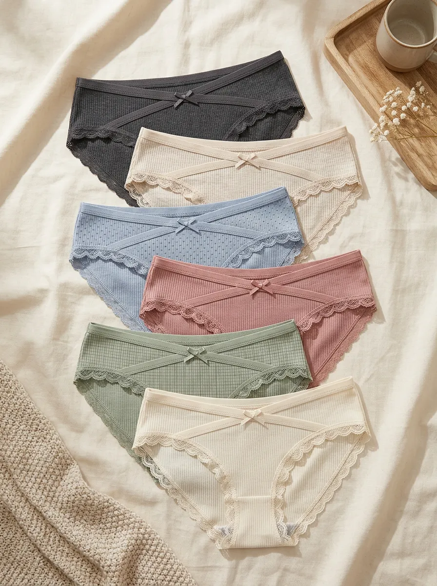 Women's Ribbed Lace Bowknot Multi-color 6-Pack Panties