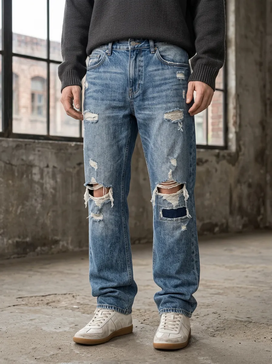 Men's Distressed Ripped Patchwork Washed Denim Jeans