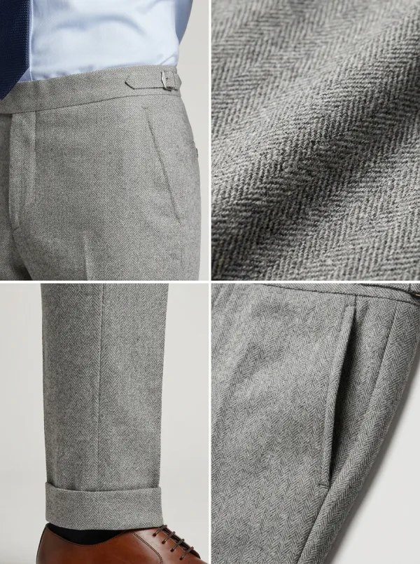 Side-Adjuster Herringbone Textured Straight-Leg Men's Tailored Suit Trousers