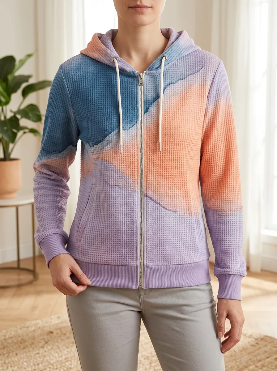 Women's Abstract Colorblock Waffle Knit Printed Zip-up Hoodie