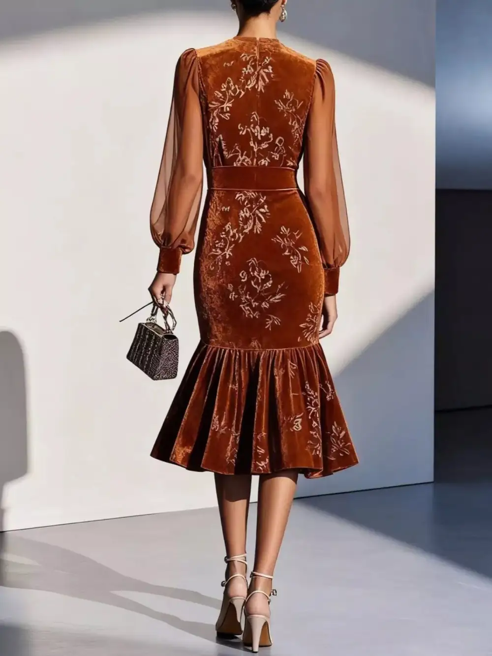 Velvet Lantern Sleeve Midi Dress