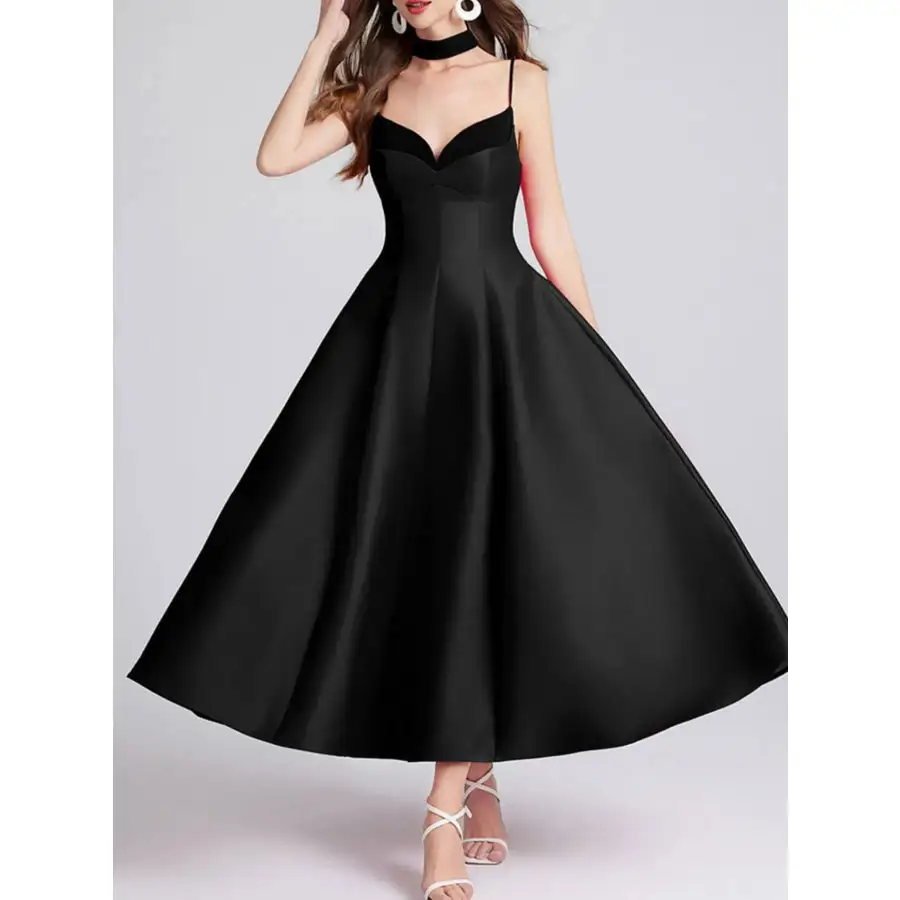 Sweetheart Spaghetti Strap Midi Dress with Collar