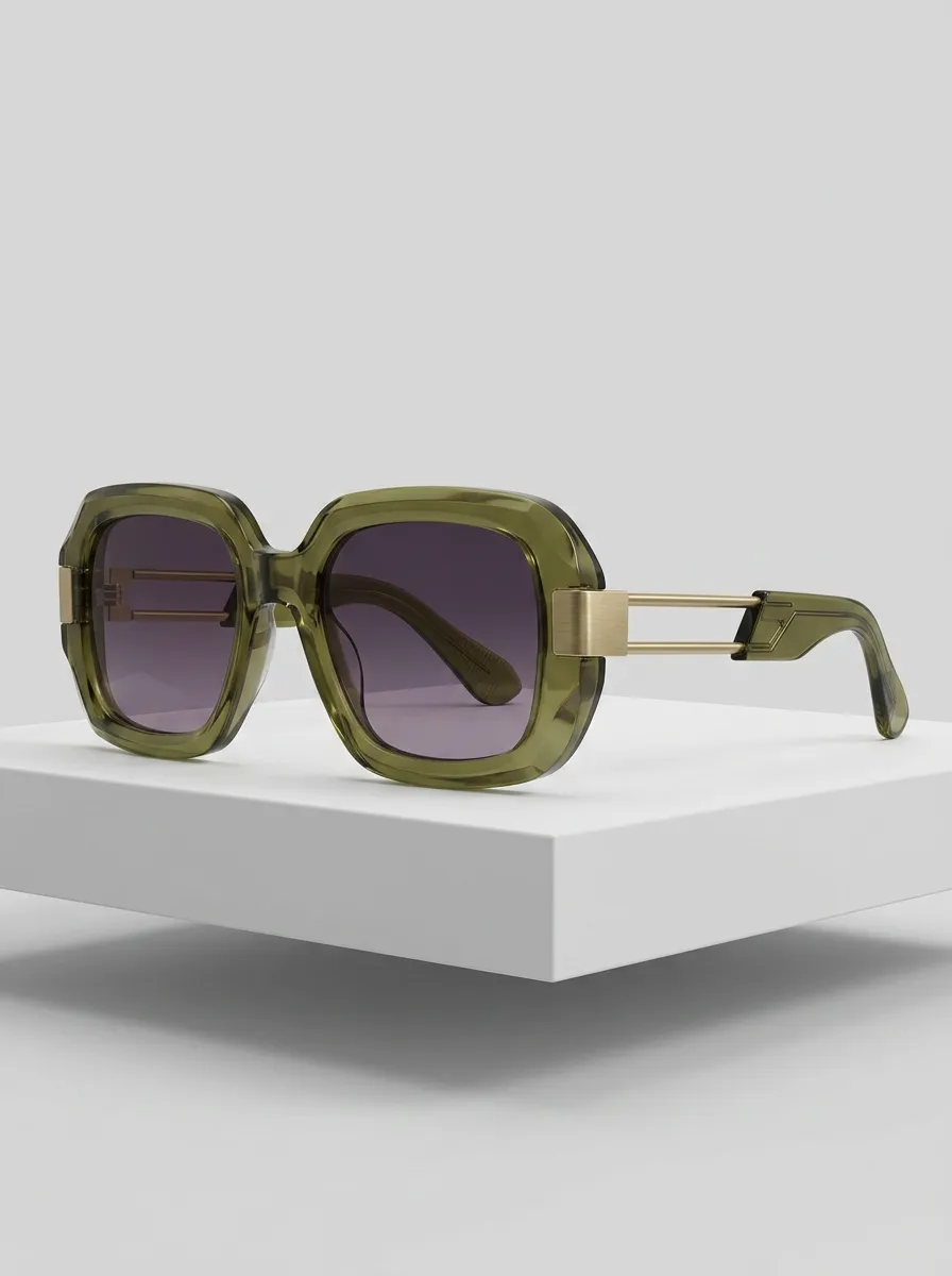 Women's Vintage Oversized Square Olive Green Frame Sunglasses