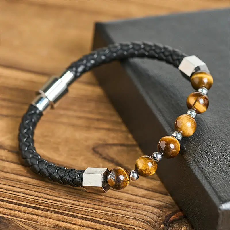 Tiger Eye Titanium Steel Leather Bracelet