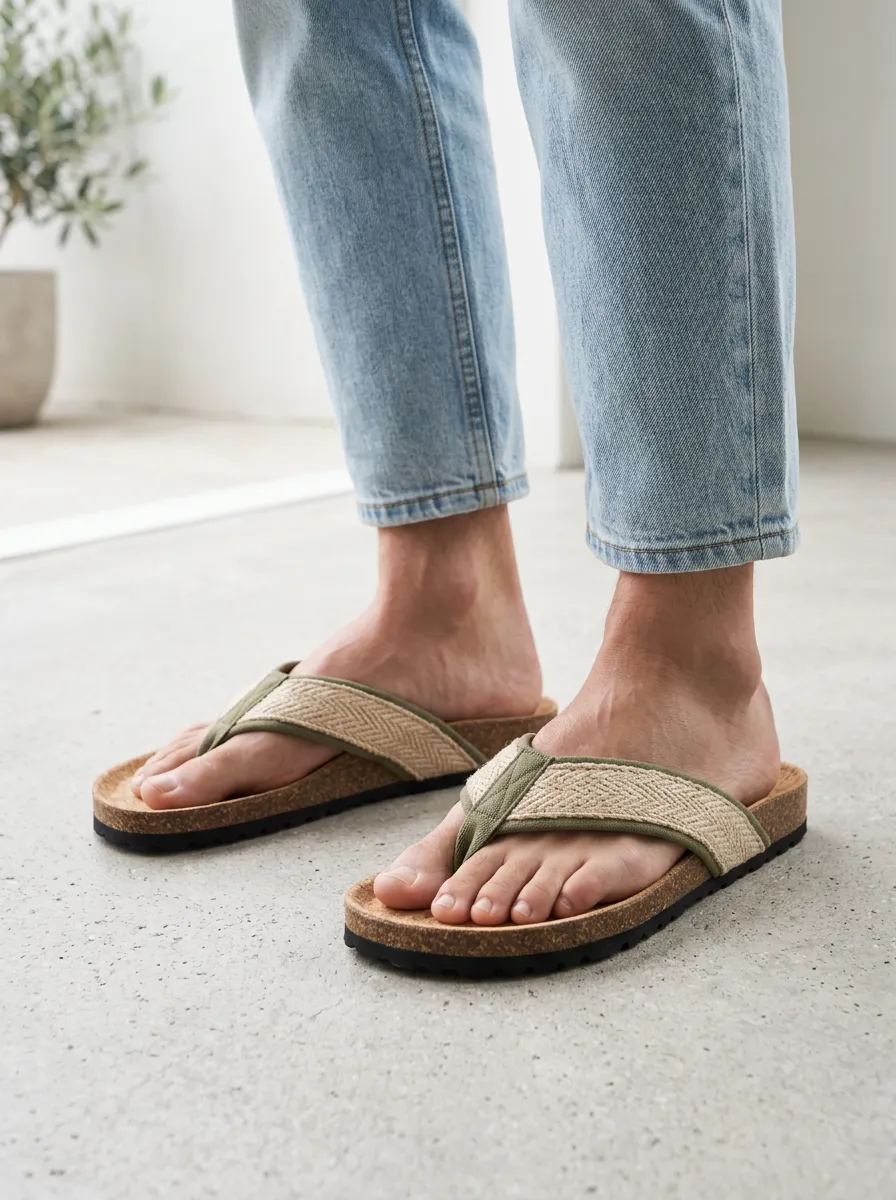 Men's Casual Summer Olive Green Woven Strap Cork Printed Flip Flops