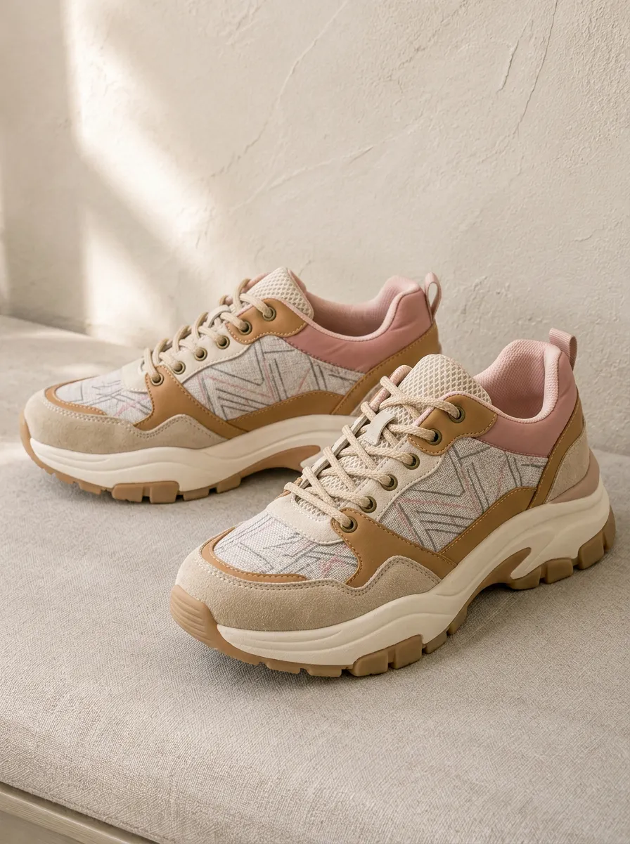 Women's Geometric Pattern Beige Pink Printed Sneakers