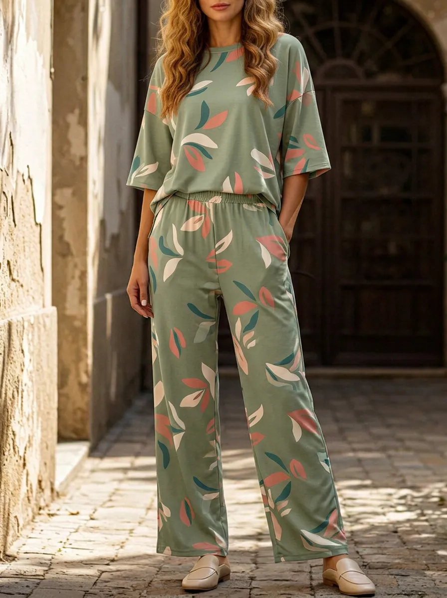 Women's Botanical Leaf Print Elbow-Sleeve Top And Straight-Leg Trouser Lounge Set