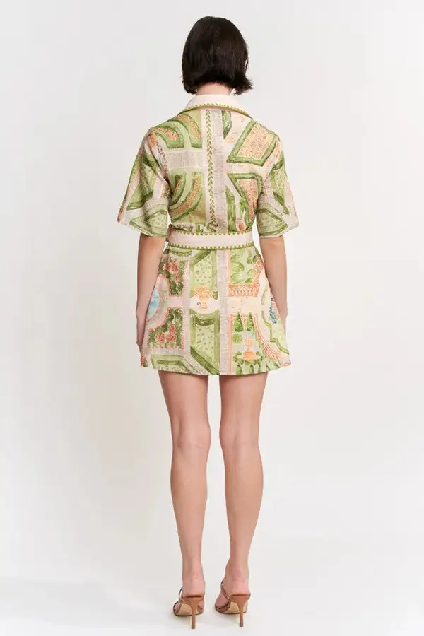 Green Geometric Print Belted Mini Dress