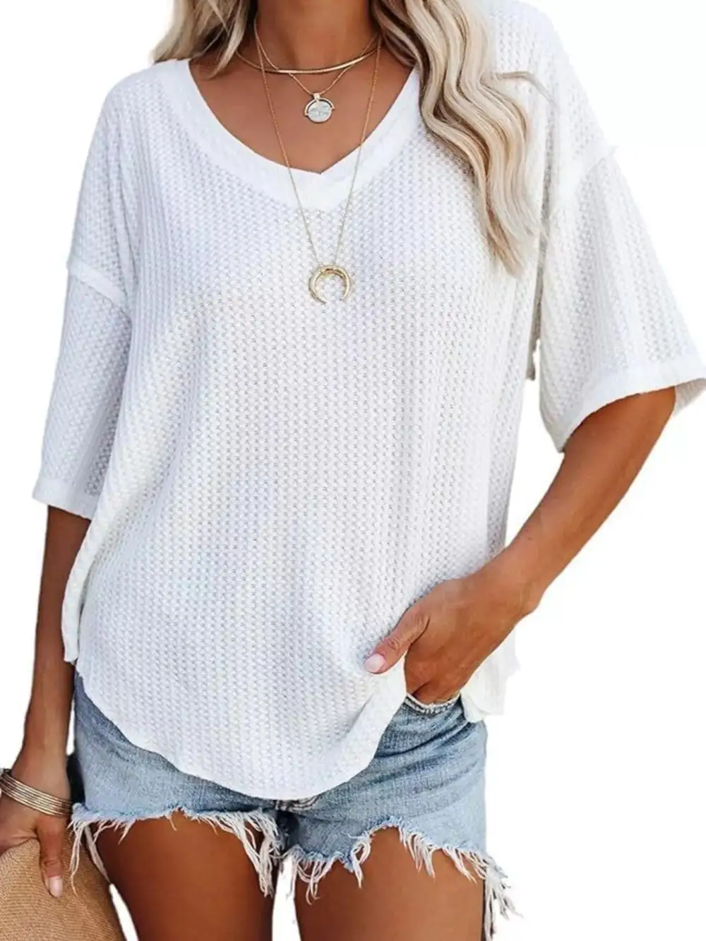 Relaxed V-Neck Short-Sleeve Knit T-Shirt