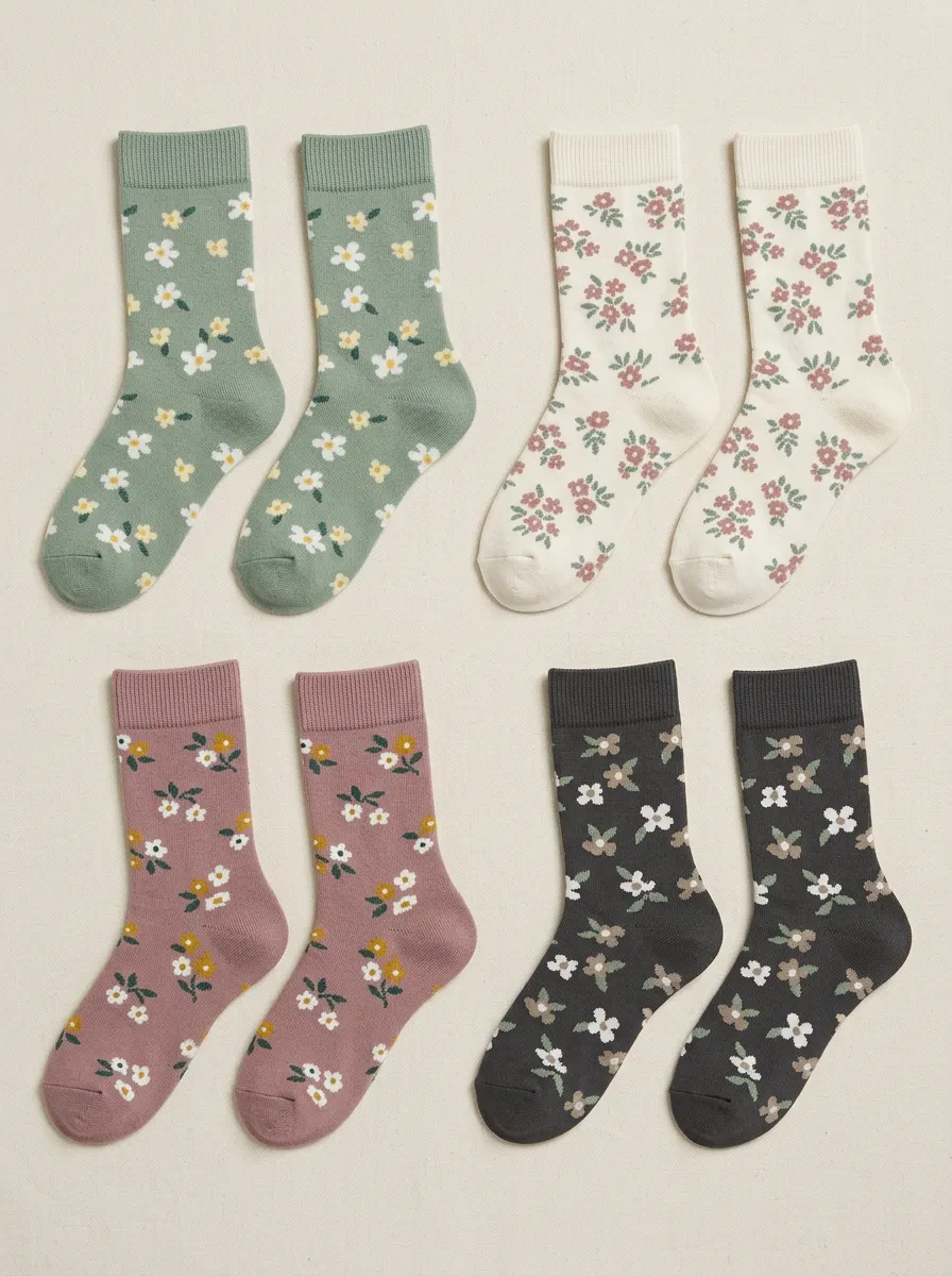 Women's Daisy Floral Ribbed Crew Sock Set