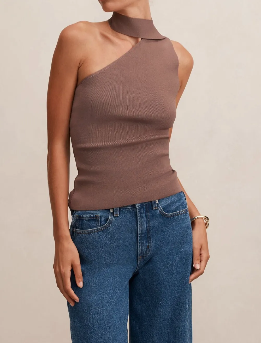 Brown Ribbed Knit One-Shoulder Scarf Top