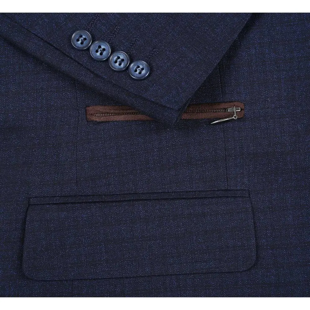 Navy Regular Fit Check Single Breasted Two Button Notch Lapel Blazer