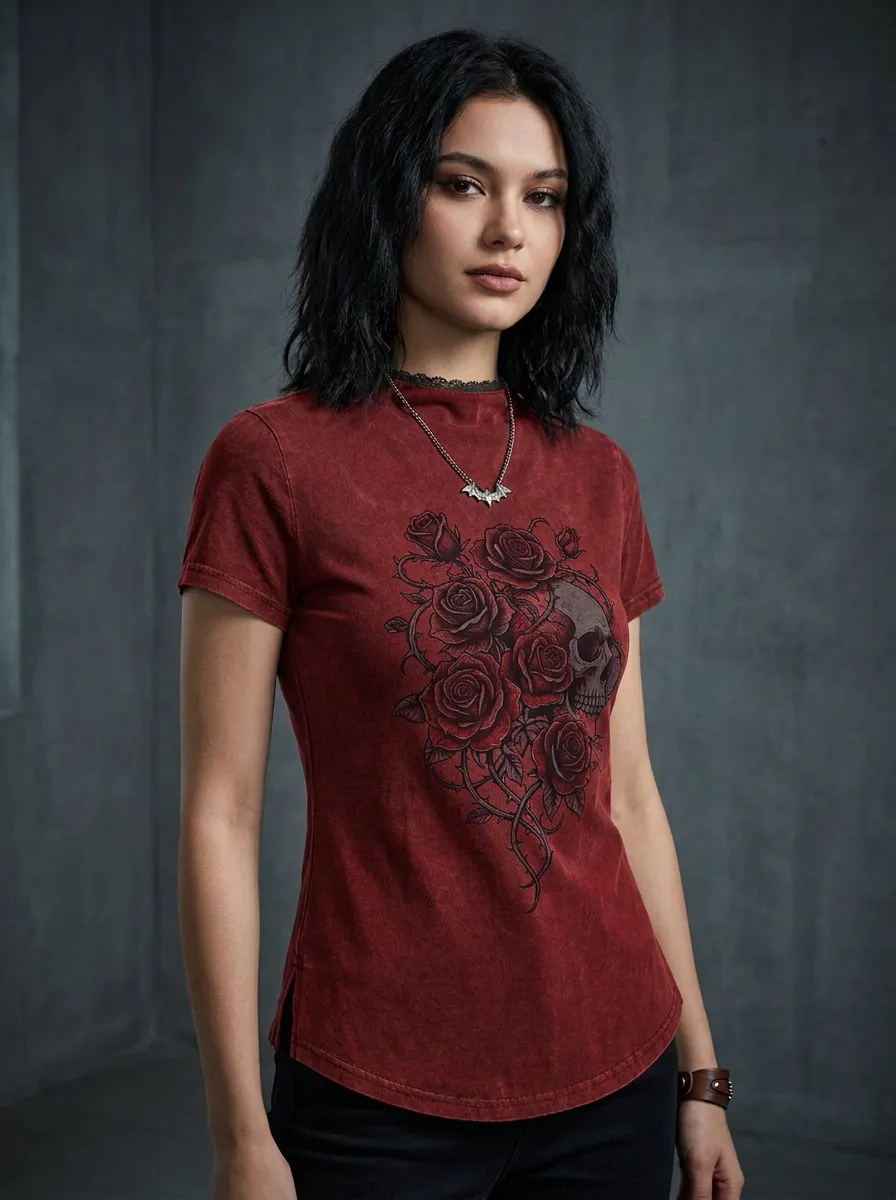 Underground Skull Rose Floral Look Women's Gothic T-Shirt