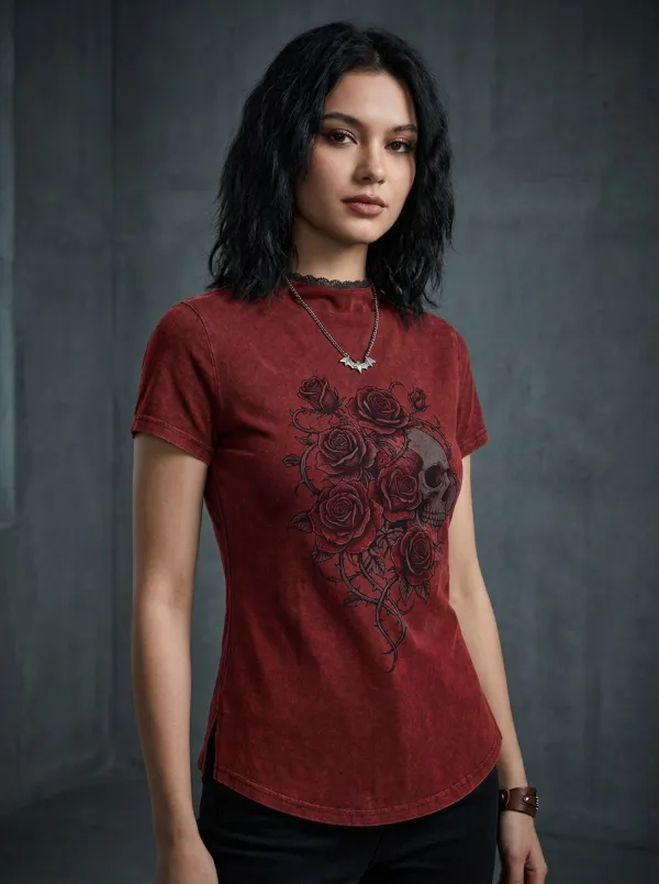 Underground Skull Rose Floral Look Women's Gothic T-Shirt