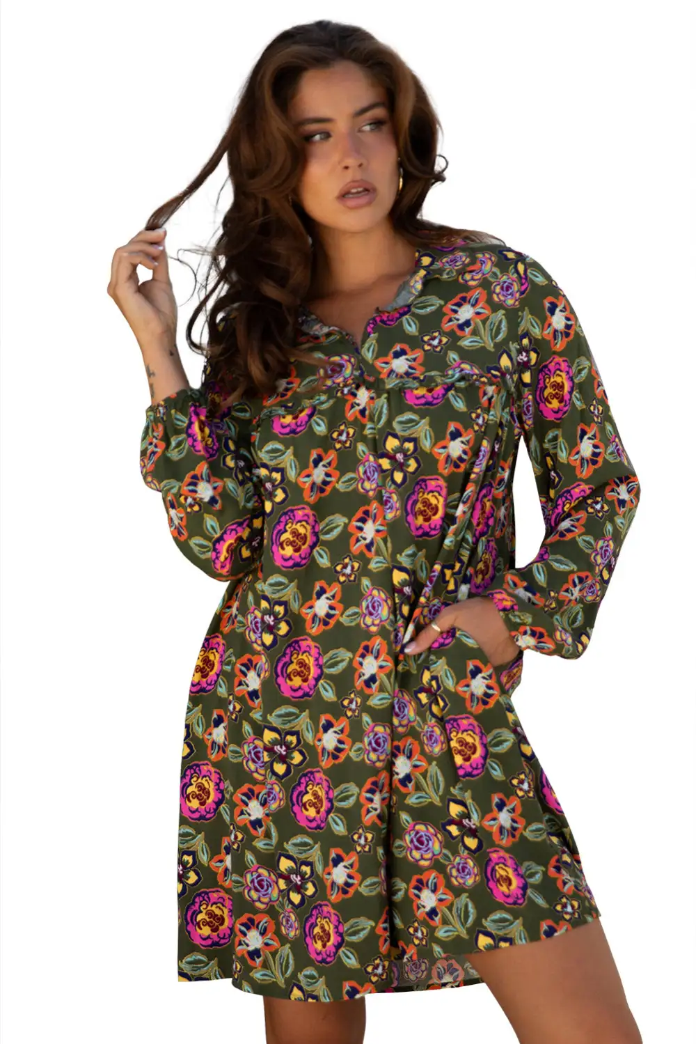 Layered Detail Floral Printed Split Neck Mini Dress