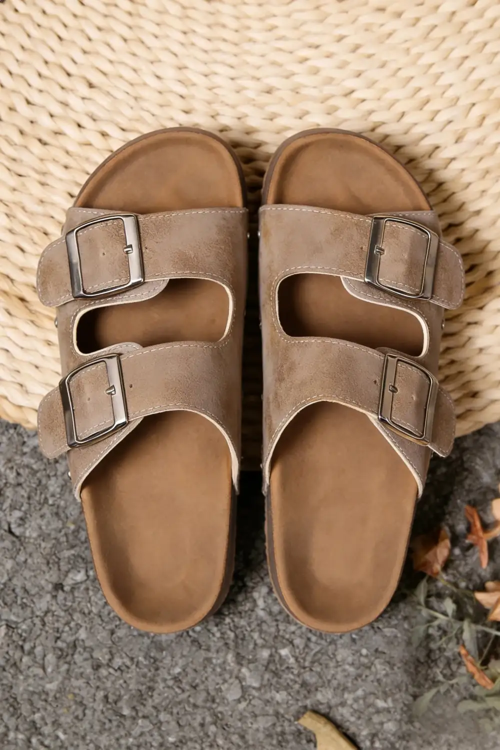 Faux Suede Leather Double Buckle Platform Sandals