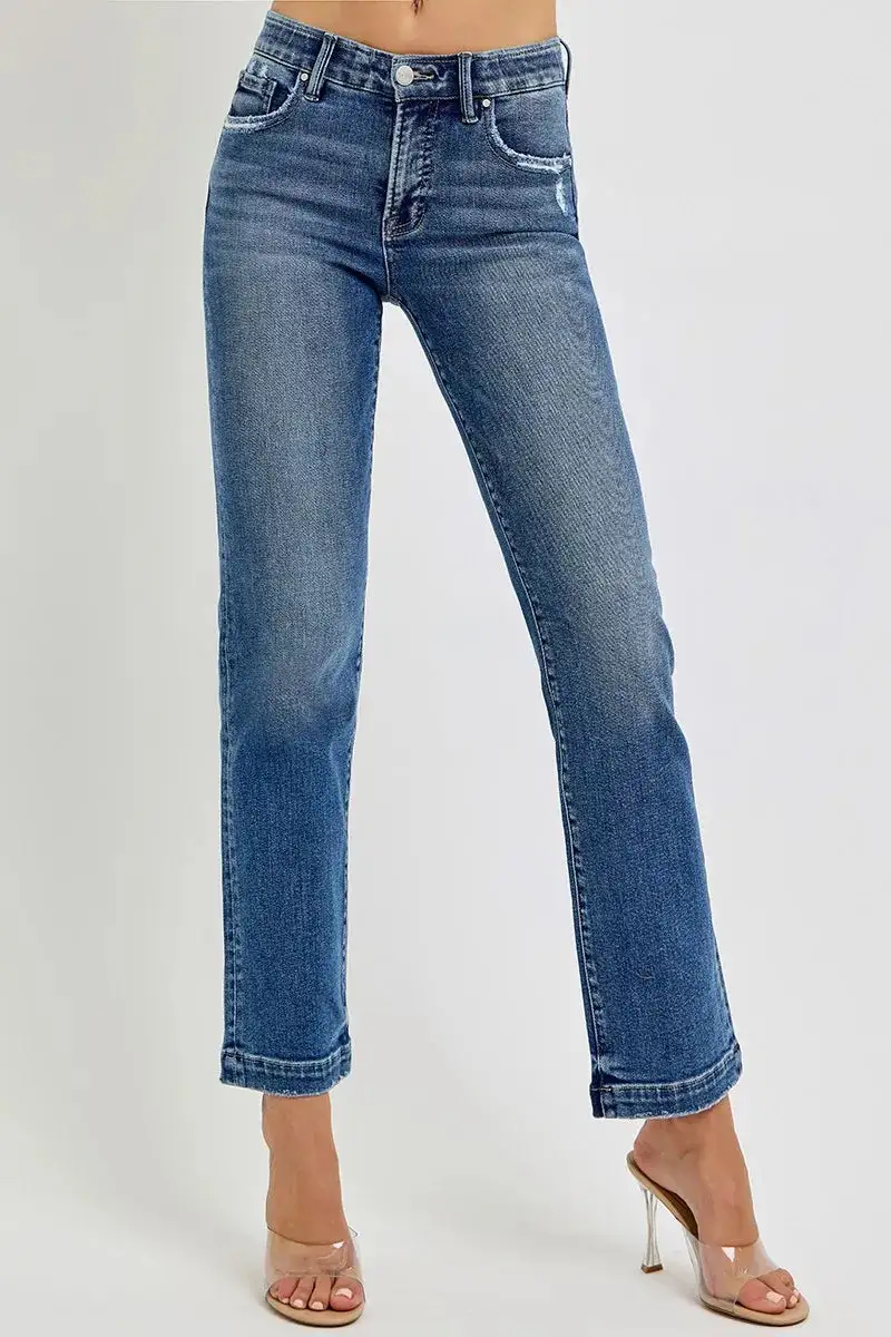 Mid Rise Elastic Waist Released Hem Straight Leg Jeans