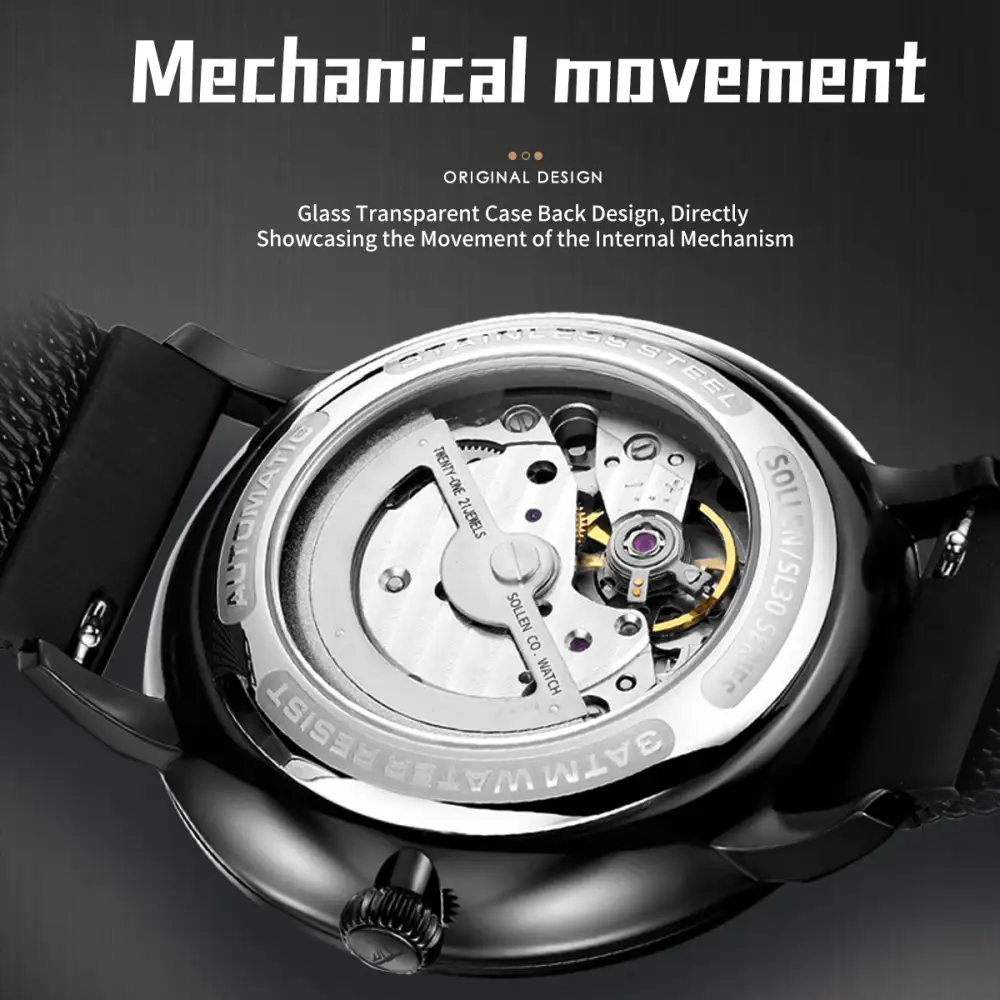 Sollen SL312 Men's Classic Automatic Mechanical Watch - 42mm Stainless Steel Case Slim 9.9mm Luminous Dot Markers Date Window Mesh Bracelet Wristwatch