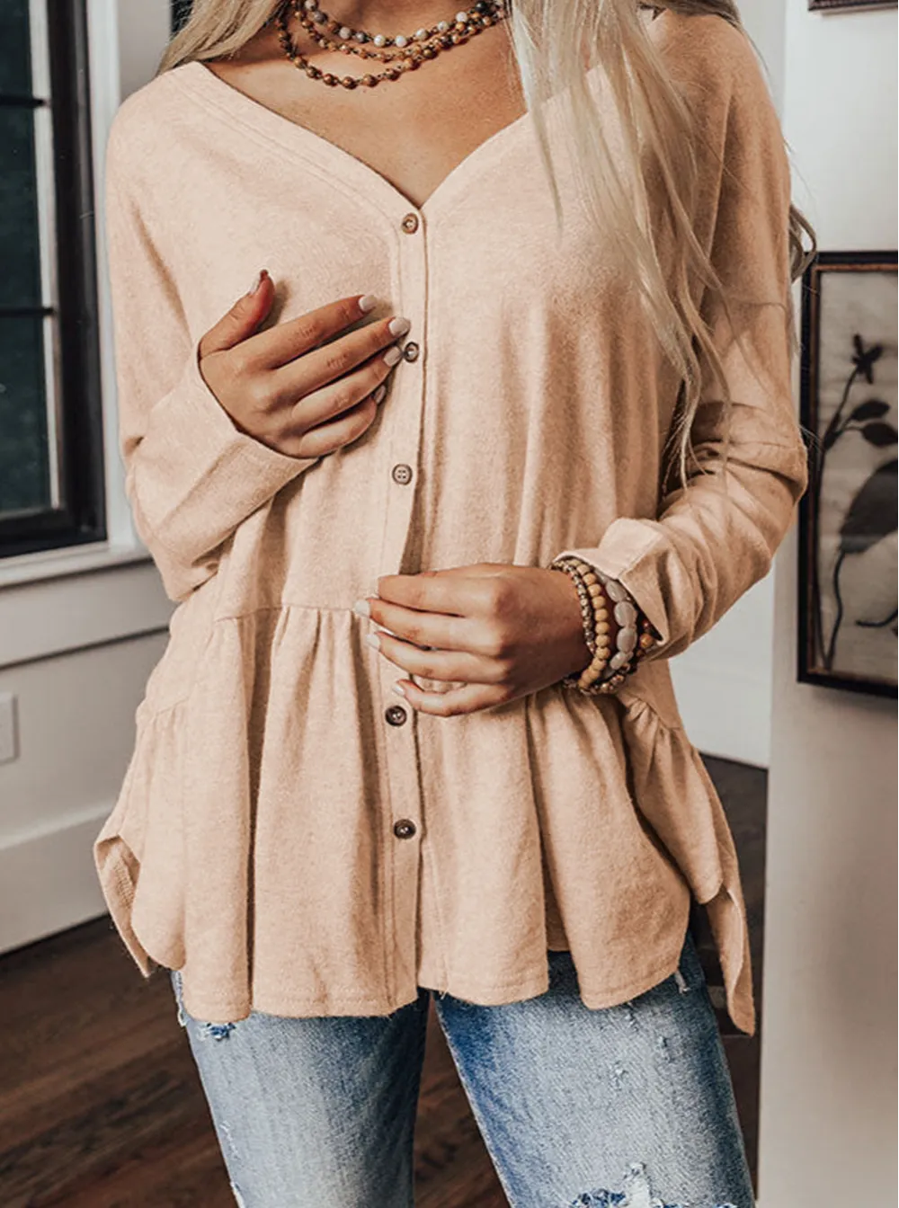 Ruffled V-Neck Button Front Shirt Blouse