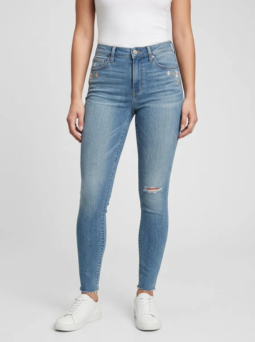 Women's Canyon Floral Embroidery Distressed Printed Slim Jeans