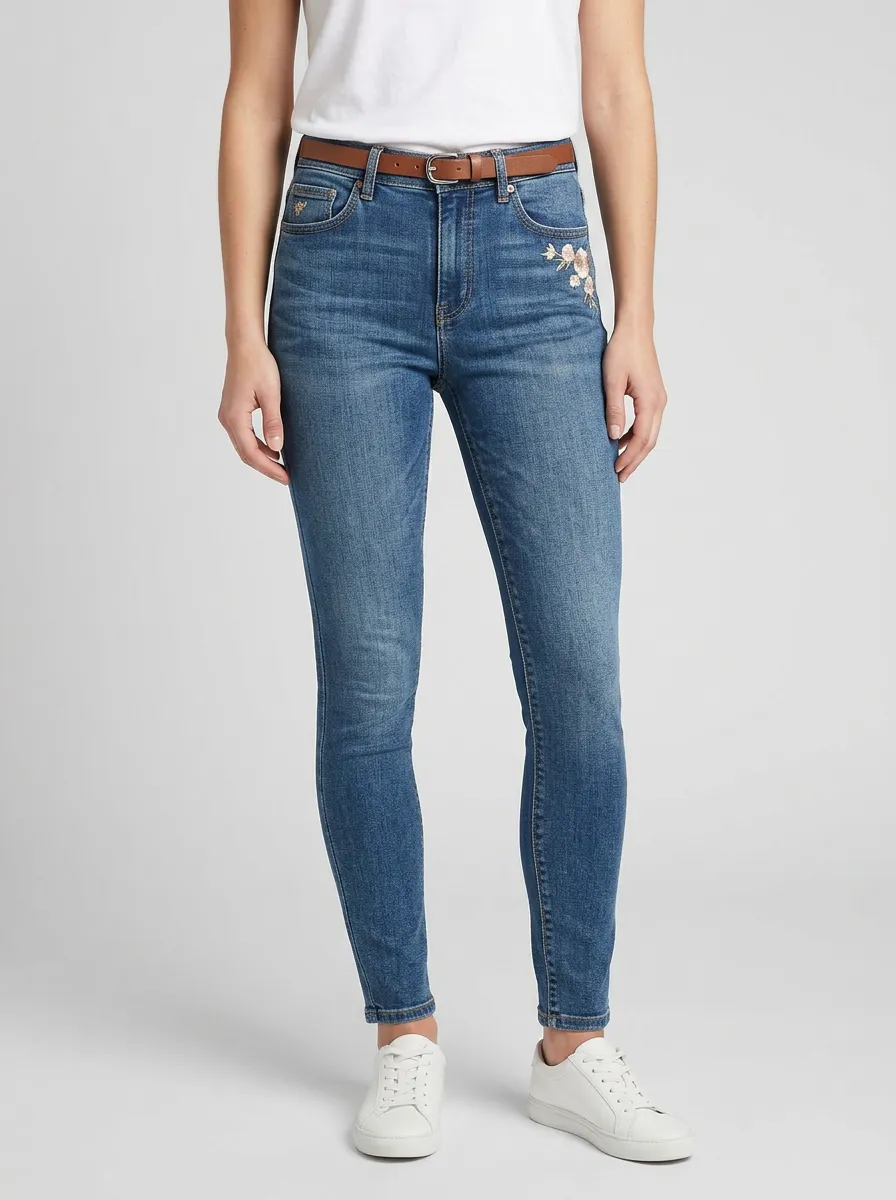 Women's Floral Embroidery Pattern Printed Slim Jeans