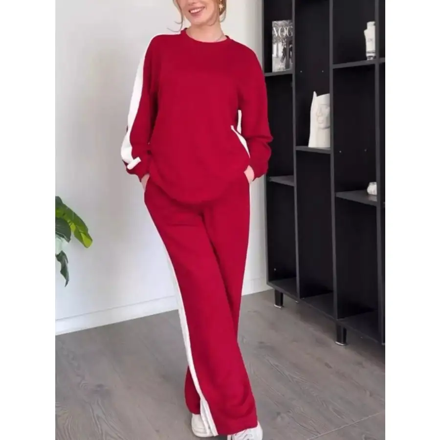 Everyday Contrast Round Neck Top and Pants Set
