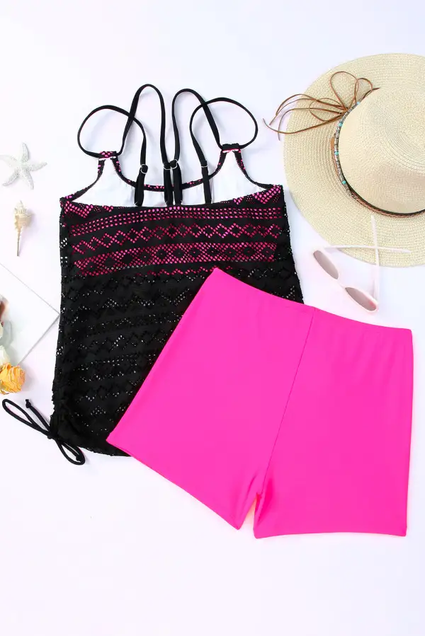 Swimwear Color Block Lace Drawstring Tie Tankini Set